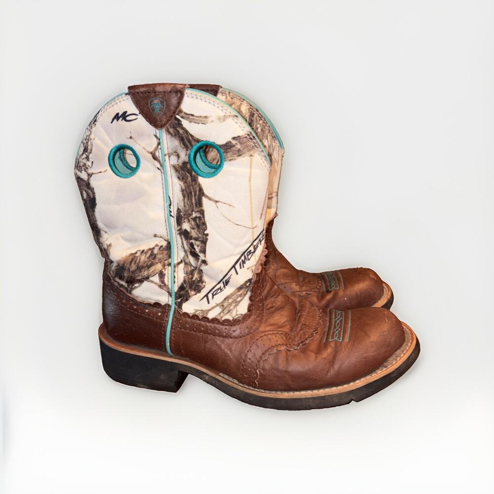 Ariat Women 7 M Fatbaby Brown Leather True Timber Turquoise Trim Short Boots